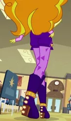 Size: 332x567 | Tagged: safe, derpibooru import, screencap, adagio dazzle, normal norman, equestria girls, rainbow rocks, ass, battle of the bands, boots, chair, clock, clothes, cropped, doors, female, fingerless gloves, gloves, high heel boots, male, rear view, socks, solo focus, spikes, stockings, thigh highs