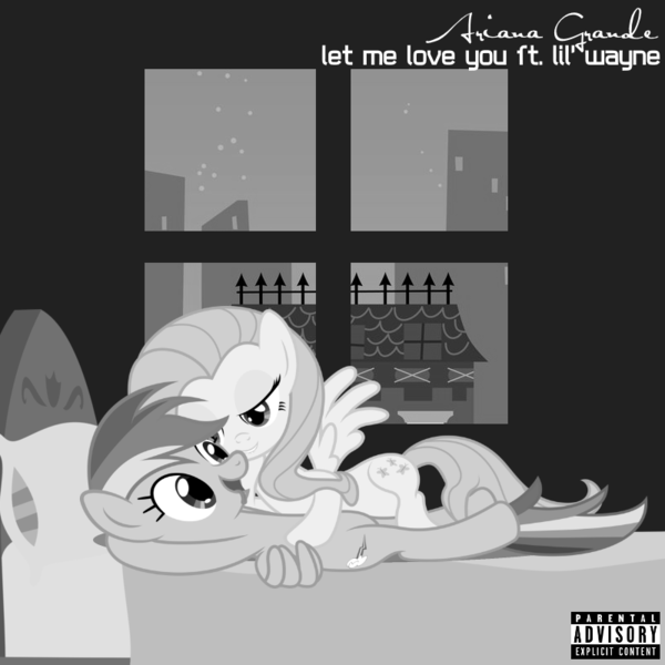 Size: 800x800 | Tagged: suggestive, artist:flutterguy317, artist:penguinsn1fan, derpibooru import, fluttershy, rainbow dash, pony, ariana grande, cover, female, flutterdash, lesbian, mare, monochrome, parental advisory, parody, shipping