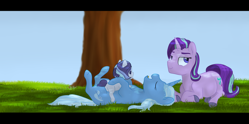 Size: 8000x4000 | Tagged: safe, artist:kaleysia, derpibooru import, starlight glimmer, trixie, oc, oc:dove (kianamai), pony, unicorn, absurd resolution, female, image, lesbian, magical lesbian spawn, mare, offspring, parent:starlight glimmer, parent:trixie, parents:startrix, png, shipping, startrix