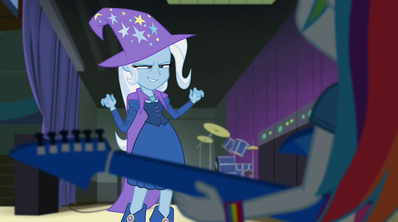 Size: 1280x714 | Tagged: safe, derpibooru import, screencap, rainbow dash, trixie, equestria girls, rainbow rocks, bracelet, cape, clothes, cymbals, drum kit, drums, fall formal outfits, hat, jewelry, musical instrument, trixie's cape, trixie's hat, wristband