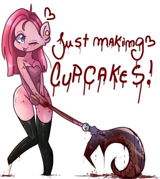 Size: 891x992 | Tagged: semi-grimdark, suggestive, artist:emily-826, derpibooru import, pinkie pie, anthro, unguligrade anthro, fanfic:cupcakes, blood, chibi, clopcakes, clothes, female, image, latex, latex stockings, leotard, one eye closed, pinkamena diane pie, png, scythe, simple background, socks, solo, solo female, thigh highs, transparent background, wink