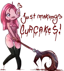 Size: 891x992 | Tagged: semi-grimdark, suggestive, artist:emily-826, derpibooru import, pinkie pie, anthro, unguligrade anthro, fanfic:cupcakes, blood, chibi, clopcakes, clothes, female, image, latex, latex stockings, leotard, one eye closed, pinkamena diane pie, png, scythe, simple background, socks, solo, solo female, thigh highs, transparent background, wink