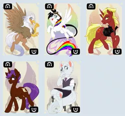 Size: 797x741 | Tagged: safe, artist:bluekite-falls, artist:sky-railroad, derpibooru import, oc, oc:dr. wolf, oc:eliyora, oc:firebrand, oc:lightning bliss, oc:silver quill, unofficial characters only, alicorn, anthro, classical hippogriff, hippogriff, pony, wolf, alicorn oc, anthro oc, anthro with ponies, game, goggles, prance card game