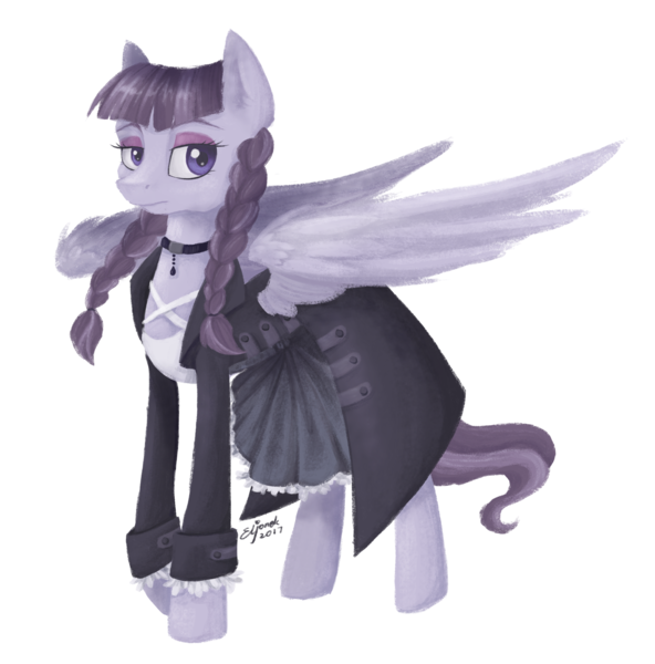 Size: 2520x2554 | Tagged: safe, artist:eljonek, derpibooru import, inky rose, pegasus, pony, honest apple, braid, clothes, female, goth, jewelry, mare, simple background, solo, standing, wings