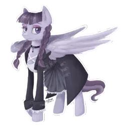 Size: 2520x2554 | Tagged: safe, artist:eljonek, derpibooru import, inky rose, pegasus, pony, honest apple, braid, clothes, female, goth, jewelry, mare, simple background, solo, standing, wings
