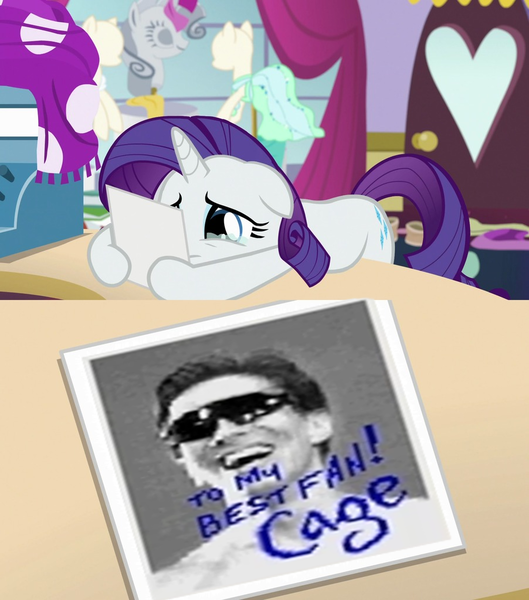 Size: 902x1024 | Tagged: safe, derpibooru import, edit, edited screencap, screencap, rarity, pony, unicorn, forever filly, autograph, exploitable meme, female, johnny cage, male, mare, meme, mortal kombat, photoshop, rarity's photo, solo, sunglasses