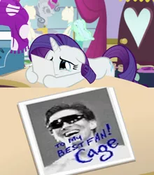 Size: 902x1024 | Tagged: safe, derpibooru import, edit, edited screencap, screencap, rarity, pony, unicorn, forever filly, autograph, exploitable meme, female, johnny cage, male, mare, meme, mortal kombat, photoshop, rarity's photo, solo, sunglasses