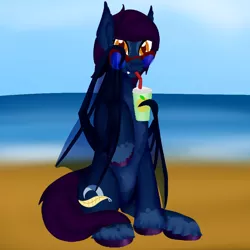 Size: 900x900 | Tagged: safe, artist:bevendre, derpibooru import, oc, oc:midnight oil, unofficial characters only, bat pony, pony, bat pony oc, bendy straw, drinking straw, smoothie, solo, straw, sunglasses, transparent wings, wing claws, wing hands