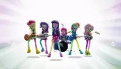 Size: 1904x1090 | Tagged: safe, derpibooru import, screencap, applejack, fluttershy, pinkie pie, rainbow dash, rarity, twilight sparkle, equestria girls, rainbow rocks, balloon, bass guitar, boots, cowboy boots, cymbals, drum kit, drums, drumsticks, electric guitar, eyes closed, guitar, high heels, humane five, humane six, keytar, lidded eyes, logo, microphone, musical instrument, rainbow rocks outfit, tambourine, wallpaper, welcome to the show