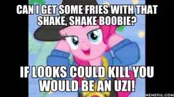 Size: 600x337 | Tagged: safe, derpibooru import, edit, edited screencap, screencap, pinkie pie, pony, testing testing 1-2-3, image macro, meme, rapper pie, salt n pepa, solo