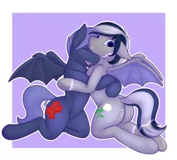 Size: 4831x4359 | Tagged: safe, artist:daf, derpibooru import, oc, oc:daturea eventide, oc:shaddie quindecim, unofficial characters only, bat pony, pony, absurd resolution, cute, duo, hug, living doll, plushie, plushification, purple background, simple background, transformation