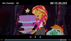 Size: 1024x600 | Tagged: safe, derpibooru import, edit, edited screencap, screencap, snips, sunset shimmer, cinemare sins, equestria girls, legend of everfree, book, cake, camp everfree outfits, crystal gala, eyes closed, food, fuck logic, laughing, legend you were meant to be, wand