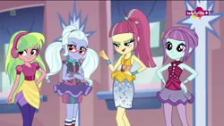 Size: 1136x640 | Tagged: safe, derpibooru import, screencap, lemon zest, sour sweet, sugarcoat, sunny flare, dance magic, equestria girls, spoiler:eqg specials, clothes, crossed arms, female, freckles, glasses, hand on hip, headphones, heart, skirt, socks, teletoon, tutu, wristband