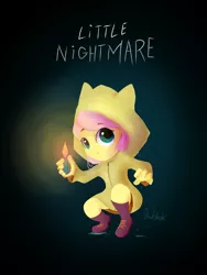 Size: 1200x1600 | Tagged: anthro, artist:0ndshok, clothes, cosplay, costume, crouching, derpibooru import, fluttershy, human, humanized, lighter, little nightmares, plantigrade anthro, raincoat, safe, six (little nightmares), solo