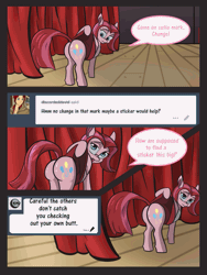 Size: 675x900 | Tagged: suggestive, artist:afallenwolf, derpibooru import, pinkie pie, pony, the clone that got away, animated, balloonbutt, blushing, butt shake, clothes, comic, diane, embarrassed, gif, glasses, jiggle, jiggling, plot, redesign, skirt, skirt lift, skirt pull, solo, tumblr