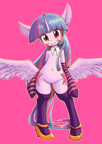 Size: 1447x2039 | Tagged: safe, artist:unousaya, derpibooru import, twilight sparkle, twilight sparkle (alicorn), alicorn, pony, semi-anthro, adorasexy, belly button, bipedal, blushing, both cutie marks, butt wings, clothes, cute, female, gloves, high heels, looking at you, mare, sexy, shoes, simple background, smiling, socks, solo, spread wings, stockings, striped socks, thigh highs, wings