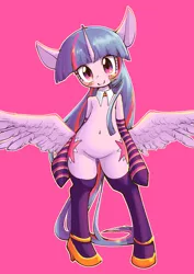 Size: 1447x2039 | Tagged: safe, artist:unousaya, derpibooru import, twilight sparkle, twilight sparkle (alicorn), alicorn, pony, semi-anthro, adorasexy, belly button, bipedal, blushing, both cutie marks, butt wings, clothes, cute, female, gloves, high heels, looking at you, mare, sexy, shoes, simple background, smiling, socks, solo, spread wings, stockings, striped socks, thigh highs, wings