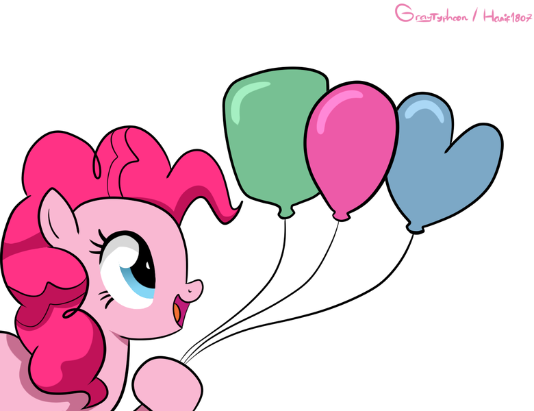 Size: 1300x1000 | Tagged: safe, artist:graytyphoon, derpibooru import, pinkie pie, earth pony, pony, balloon, cute, diapinkes, female, hoof hold, mare, open mouth, simple background, smiling, solo, white background