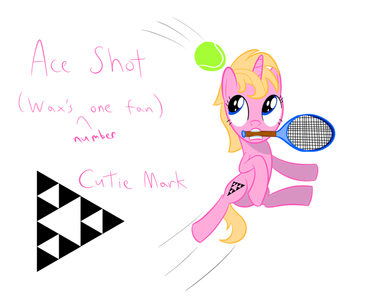 Size: 1000x800 | Tagged: safe, artist:mightyshockwave, derpibooru import, oc, oc:ace shot, unofficial characters only, pony, female, filly, leaping, sierpinski triangle, simple background, solo, tennis, tennis ball, tennis racket