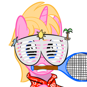 Size: 300x300 | Tagged: safe, artist:mightyshockwave, derpibooru import, oc, oc:ace shot, unofficial characters only, pony, clothes, female, filly, hawaiian shirt, shirt, shutter shades, simple background, solo, tennis racket, transparent background