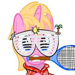 Size: 300x300 | Tagged: safe, artist:mightyshockwave, derpibooru import, oc, oc:ace shot, unofficial characters only, pony, clothes, female, filly, hawaiian shirt, shirt, shutter shades, simple background, solo, tennis racket, transparent background