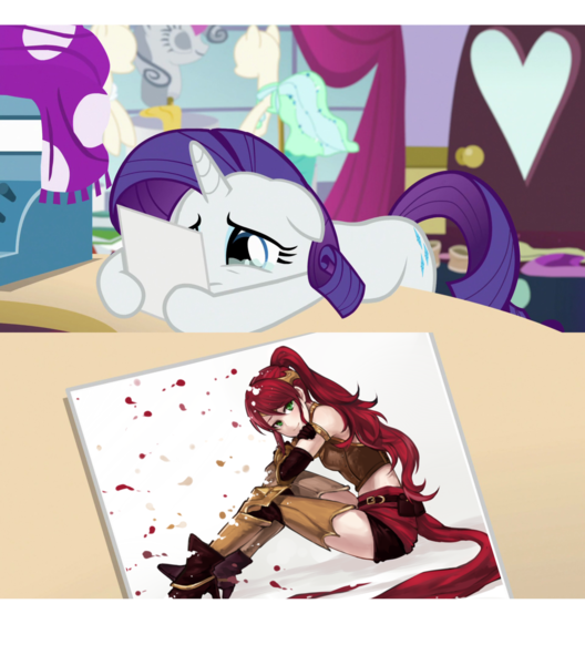 Size: 3618x4108 | Tagged: safe, derpibooru import, edit, edited screencap, screencap, rarity, pony, forever filly, absurd resolution, canterlot carousel, female, hoof hold, mare, meme, obligatory pony, pyrrha nikos, rarity's photo, rwby, solo, spoilers for another series, teary eyes