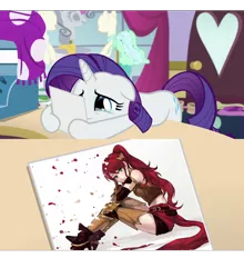 Size: 3618x4108 | Tagged: safe, derpibooru import, edit, edited screencap, screencap, rarity, pony, forever filly, absurd resolution, canterlot carousel, female, hoof hold, mare, meme, obligatory pony, pyrrha nikos, rarity's photo, rwby, solo, spoilers for another series, teary eyes