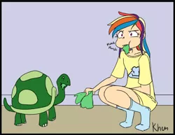 Size: 792x613 | Tagged: artist:kprovido, clothes, derpibooru import, eating, female, food, human, humanized, lettuce, rainbow dash, safe, shirt, socks, tank, tortoise