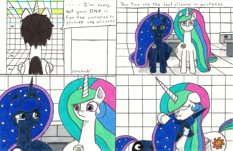 Size: 3394x2193 | Tagged: safe, artist:eternaljonathan, derpibooru import, princess celestia, princess luna, oc, oc:nemo, pony, comic:a new twist, badge, belly, chubby, comic, crying, fat, guardian, horn ring, royal sisters, science fiction, traditional art