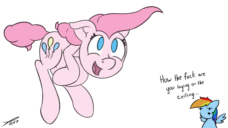 Size: 1665x936 | Tagged: safe, artist:platenjack, derpibooru import, pinkie pie, rainbow dash, pony, fourth wall, fourth wall break, in which pinkie pie forgets how to gravity, pinkie being pinkie, pinkie physics, simple background, vulgar