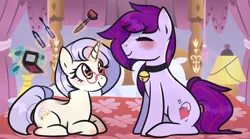 Size: 4500x2500 | Tagged: safe, artist:mimisaurusrex, derpibooru import, oc, oc:lilac hex, oc:mystic blare, unofficial characters only, pony, absurd resolution, bed, bedroom, bell, bell collar, blushing, collar, cute, duo, eyes closed, femboy, glasses, levitation, magic, makeup, male, prone, sitting, smiling, telekinesis, trap