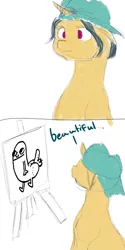 Size: 1080x2160 | Tagged: safe, artist:digital jester, derpibooru import, fresh coat, pony, unicorn, 2 panel comic, 4chan, backwards ballcap, baseball cap, cap, comic, dialogue, dickbutt, drawthread, easel, hat, simple background, solo, white background