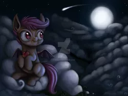 Size: 1600x1200 | Tagged: safe, artist:ibsn, derpibooru import, scootaloo, bat pony, pony, apple, bat ponified, cloud, cute, cutealoo, fangs, food, moon, night, race swap, scootabat, shooting star, solo, watermark