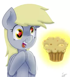 Size: 2000x2200 | Tagged: safe, artist:chikiz65, derpibooru import, derpy hooves, pegasus, pony, colored, food, happy, heart, heart eyes, muffin, shading, signature, simple background, solo, surprised, white background, wingding eyes