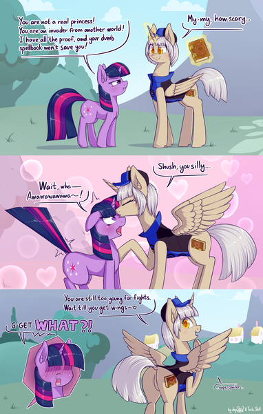 Size: 2293x3600 | Tagged: safe, artist:dsp2003, artist:lalieri, derpibooru import, twilight sparkle, oc, alicorn, pony, unicorn, alicorn oc, blood, blushing, blushing profusely, collaboration, comic, cute, elizabeth (persona), featureless crotch, female, forehead kiss, frog (hoof), heart, lesbian, mare, megami tensei, nosebleed, open mouth, persona, persona 3, plot, spread wings, tail, tailboner, underhoof, unicorn twilight, wingboner, wings