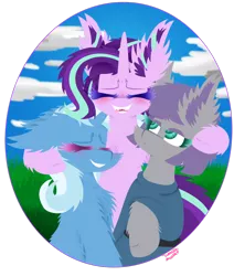 Size: 1024x1205 | Tagged: safe, artist:vanillaswirl6, derpibooru import, maud pie, starlight glimmer, trixie, earth pony, pony, unicorn, blushing, cheek fluff, chest fluff, clothes, cloud, colored eyelashes, colored pupils, cute, diatrixes, ear fluff, eyes closed, female, floppy ears, fluffy, glimmerbetes, grass, group, group hug, happy, hug, laughing, mare, maudabetes, open mouth, photoshop, scrunchy face, sharp teeth, signature, sky, smiling, teeth, trio, vanillaswirl6 is trying to murder us, when she smiles