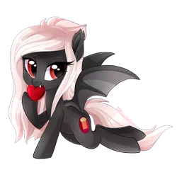 Size: 3000x3000 | Tagged: safe, artist:mimijuliane, derpibooru import, oc, oc:midnight ruby, unofficial characters only, bat pony, pony, bat pony oc, cute, heart, long mane, red eyes, simple background, solo, transparent background