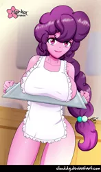 Size: 589x1000 | Tagged: suggestive, artist:clouddg, derpibooru import, sugar belle, equestria girls, apron, big breasts, breast rest, breasts, busty sugar belle, clothes, equestria girls-ified, female, large order of milk, looking at you, naked apron, smiling, solo, solo female