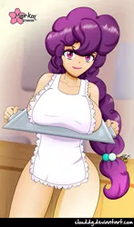 Size: 589x1000 | Tagged: apron, artist:clouddg, big breasts, breast rest, breasts, busty sugar belle, clothes, derpibooru import, female, human, humanized, large order of milk, looking at you, naked apron, smiling, solo, solo female, sugar belle, suggestive