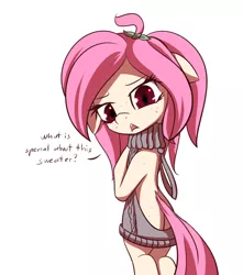 Size: 928x1050 | Tagged: suggestive, artist:an-m, derpibooru import, oc, oc:bella, unofficial characters only, earth pony, pony, backless, bipedal, clothes, dialogue, female, floppy ears, freckles, hairband, looking back, mare, open-back sweater, plot, simple background, sleeveless sweater, solo, sweater, virgin killer sweater, white background