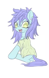 Size: 1050x1680 | Tagged: safe, artist:an-m, derpibooru import, oc, oc:synthy, unofficial characters only, pegasus, pony, clothes, ear piercing, looking back, messy mane, piercing, shirt, simple background, sitting, solo, t-shirt, white background