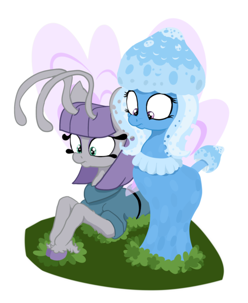 Size: 1649x2017 | Tagged: artist:paskanaakka, breezie, breeziefied, colored hooves, derpibooru import, female, lesbian, maud pie, mauxie, mauzie, mushroom, mushroom pony, original species, prone, safe, shipping, shroomsie, simple background, species swap, transparent background, trixie, unshorn fetlocks