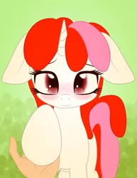 Size: 3840x4969 | Tagged: safe, artist:an-m, derpibooru import, oc, oc:righty tighty, unofficial characters only, human, pony, unicorn, absurd resolution, blushing, female, floppy ears, hand, hoof hold, looking at you, mare, offscreen character, pov, solo focus, vector