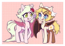 Size: 1000x707 | Tagged: safe, artist:paichitaron, derpibooru import, oc, oc:rose pearl, oc:sweet magic, unofficial characters only, bat pony, pony, clothes, collar, cute, cute little fangs, duo, ear fluff, fangs, female, flower, flower in hair, lesbian, mare, ocbetes, shipping, smiling, socks