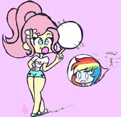 Size: 493x473 | Tagged: safe, artist:angelloveponyheart, derpibooru import, fluttershy, rainbow dash, equestria girls, belly button, blushing, bubblegum, clothes, female, flutterdash, food, gum, heart eyes, lesbian, midriff, pink background, shipping, shirt, short shirt, shorts, simple background, t-shirt, volleyball, wingding eyes