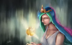 Size: 5164x3240 | Tagged: absurd resolution, artist:cattle32, clothes, crown, derpibooru import, human, humanized, jewelry, magic, multicolored hair, princess celestia, regalia, safe, solo