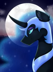 Size: 1024x1377 | Tagged: safe, artist:m-d-p-gamermlp, derpibooru import, nightmare moon, alicorn, pony, bust, ear fluff, moon, night, portrait, profile, smiling, solo, stars