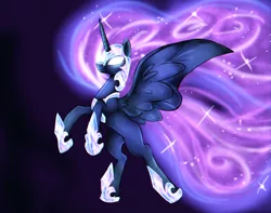 Size: 2515x1978 | Tagged: safe, artist:not-ordinary-pony, derpibooru import, oc, oc:nyx, unofficial characters only, alicorn, pony, alicorn oc, female, glowing eyes, helmet, mare, nightmare nyx, rearing, solo, spread wings, wings