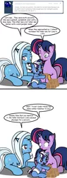 Size: 457x1204 | Tagged: safe, artist:dekomaru, derpibooru import, trixie, twilight sparkle, oc, oc:nebula, pony, tumblr:ask twixie, ask, baby, baby pony, building blocks, colt, female, lesbian, magical lesbian spawn, male, mare, offspring, parent:trixie, parent:twilight sparkle, parents:twixie, prone, shipping, tumblr, twixie