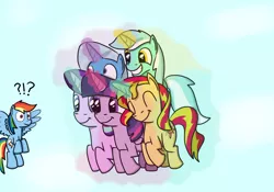 Size: 1200x840 | Tagged: safe, artist:hoofclid, derpibooru import, lyra heartstrings, rainbow dash, starlight glimmer, sunset shimmer, trixie, twilight sparkle, twilight sparkle (alicorn), alicorn, pegasus, pony, unicorn, amused, counterparts, exclamation point, eyes closed, flying, interrobang, levitation, lyra is amused, magic, question mark, self-levitation, shrunken pupils, smiling, spread wings, surprised, telekinesis, twilight's counterparts, wings
